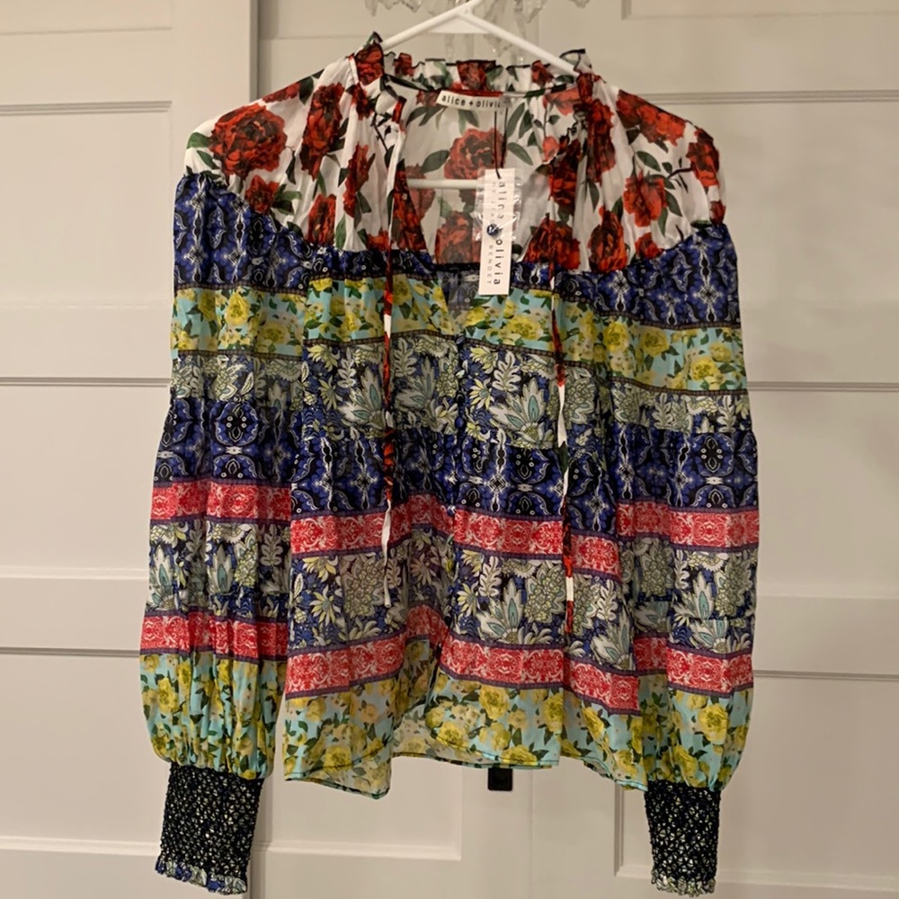 alice + olivia Marlyn Tie Neck Silk-Blend Blouse S